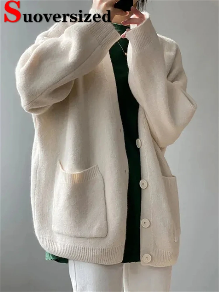 

V-neck Loose Knitted Cardigan Casual Solid Knitwears Coats Korean Long Sleeve Tops New Fashion Women Fall Winter Sweater