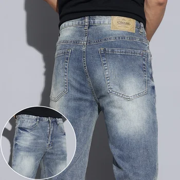 Jeans casual nostalgici vintage da uomo autunnali Blu Grigio Moda elasticizzati dritti comodi pantaloni in denim Marchio di abbigliamento maschile 1