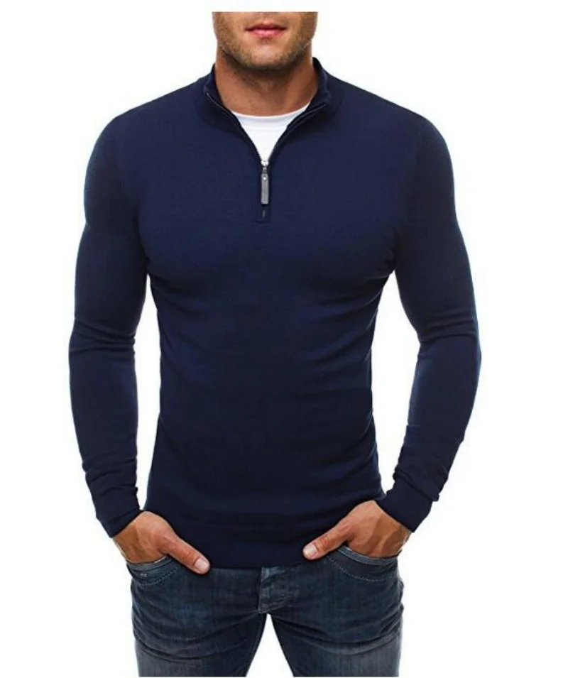 New Men's Classic Zipper High Neck Fashion Casual Solid Fit High Neck Knit Sweater