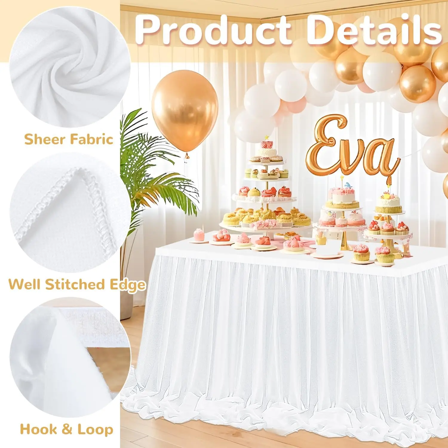 Chiffon Table Skirt White Table Skirts for Rectangle Tables Chiffon Sheer Ruffle TableCloth for Party Banquet Cake Decor