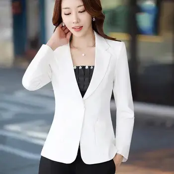 Blazer slim fit stile coreano da donna, giacca da abito casual a maniche lunghe, blazer da donna da ufficio bianco nero tinta unita M-3XL 1