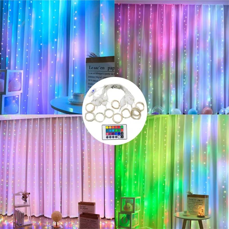 USB Power LED Remote Curtain Fairy Lights String 16 Colors RGB Garland New Year 2022 Wedding Party Christmas Home  Decoration