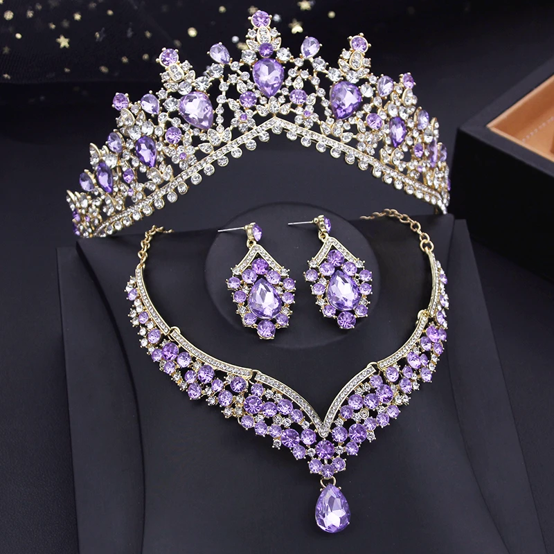 Gorgeous 3 pcs Necklace Earrings with Crystal Tiaras and Crowns for Bride Wedding Dress Banquet Dubai Jewelry Sets Costume Prom