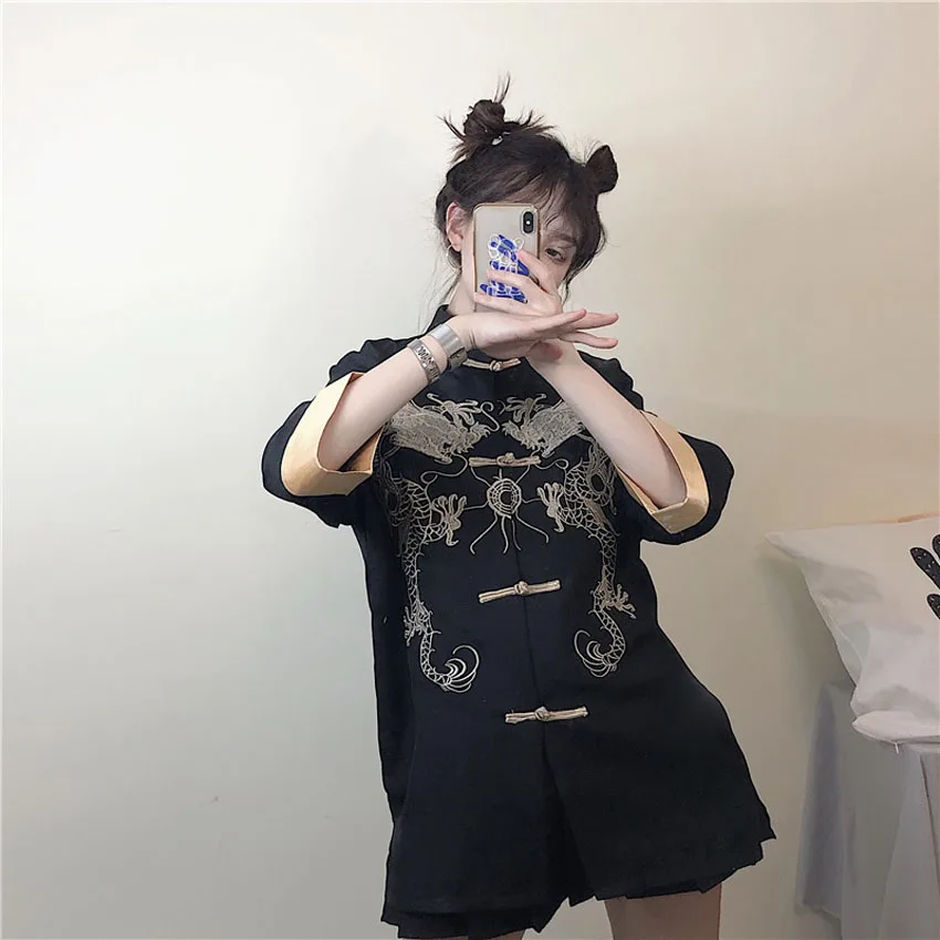 Women Chinese Shirt Women Satin Blouse Black Gothic Tang Suit Shirt Dress for Girls Women Chinese Traditional Blouse Single Breasted Dragon Embroidery Jacket Coat