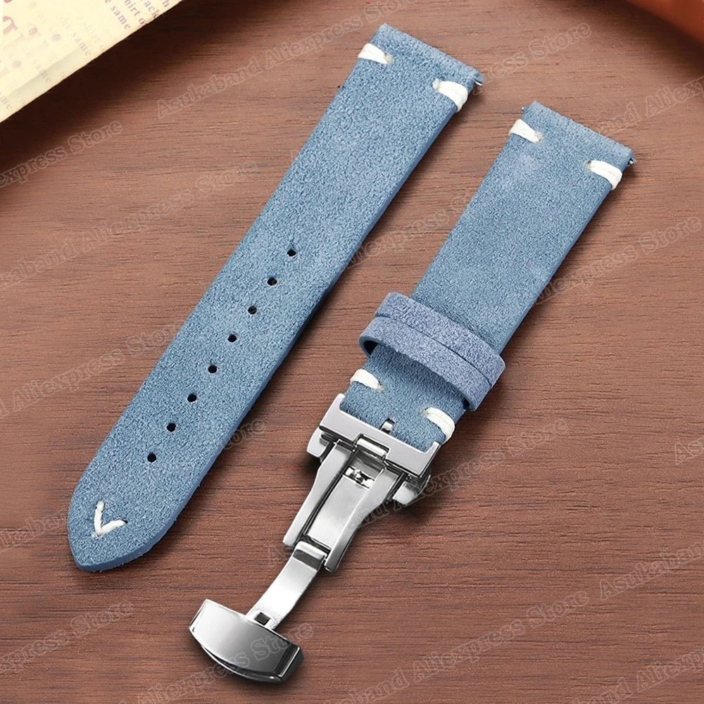 Quick Release Suede Stitching Genuine Leather Watch Band with Butterfly Buckle - Men's Straps