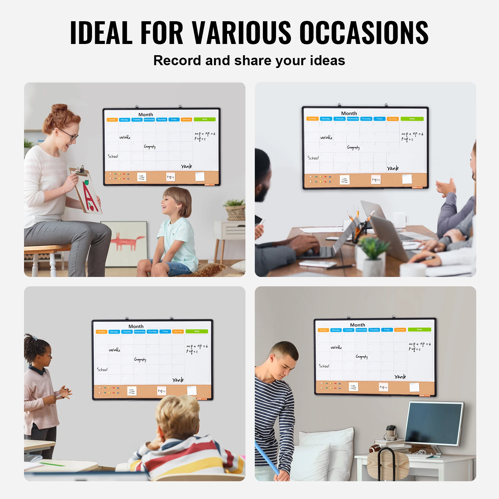VEVOR Monthly Calendar Whiteboard and Cork Board Combo with Aluminum Frame Magnetic Dry Erase Bulletin Board for School Office