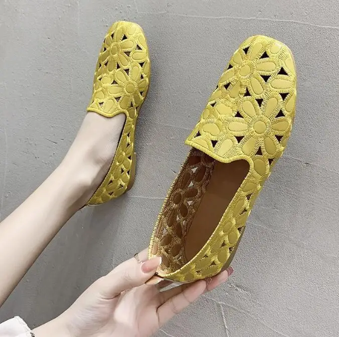 

Fashion Women Flats Slip-on Loafers Flats for Women Square Toe Single Shoes Hollow Out Fashion Party Casual Shoes Yellow