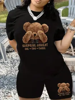 Surprise Moment One Two Three Teddy Bear T-Shirt Set Women Fashion O-Neck 2 Piece Set Breathable Cotton Shorts Oversized T Shirt 1