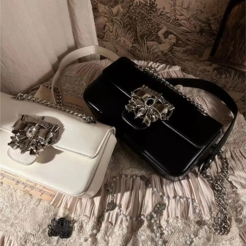 JIAERDI Sweet Bow Chain Handbag Women Square Leather Rhinestone Shoulder Bags Ladies Fashion High End Niche Crossbody Bag 2025