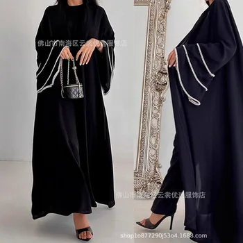Black Long Sleeve Abaya Cardigan Dubai Style Spliced White Dot Fashion Outerwear Muslim Women's Clothing Full-Length Robe