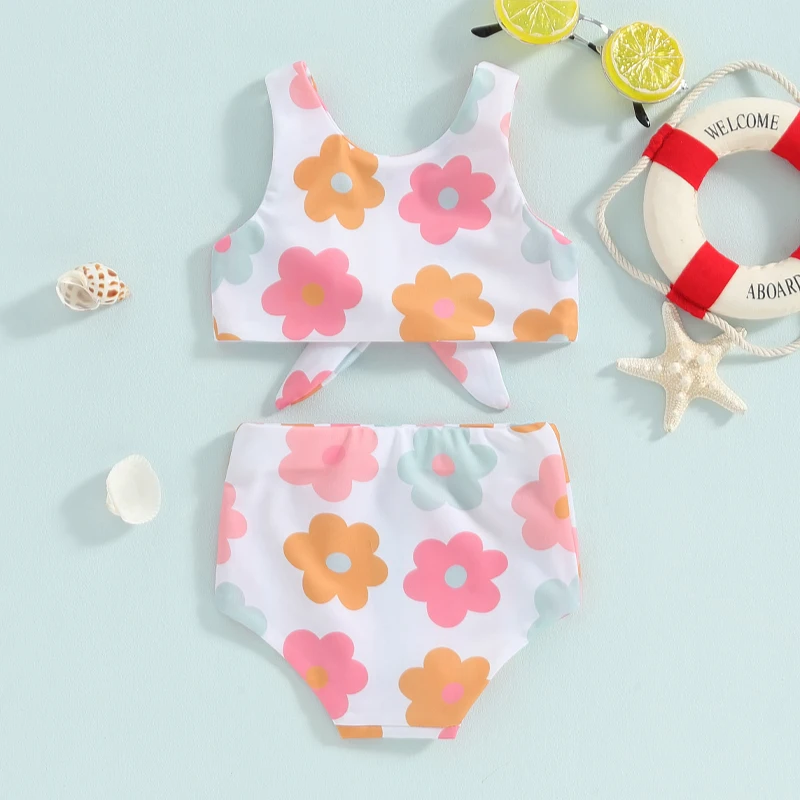 

Toddler Baby Girl Bathing Suit Two Piece Swimsuit Floral Kontted Tankini Top Swim Shorts Bikini Set Swimwear