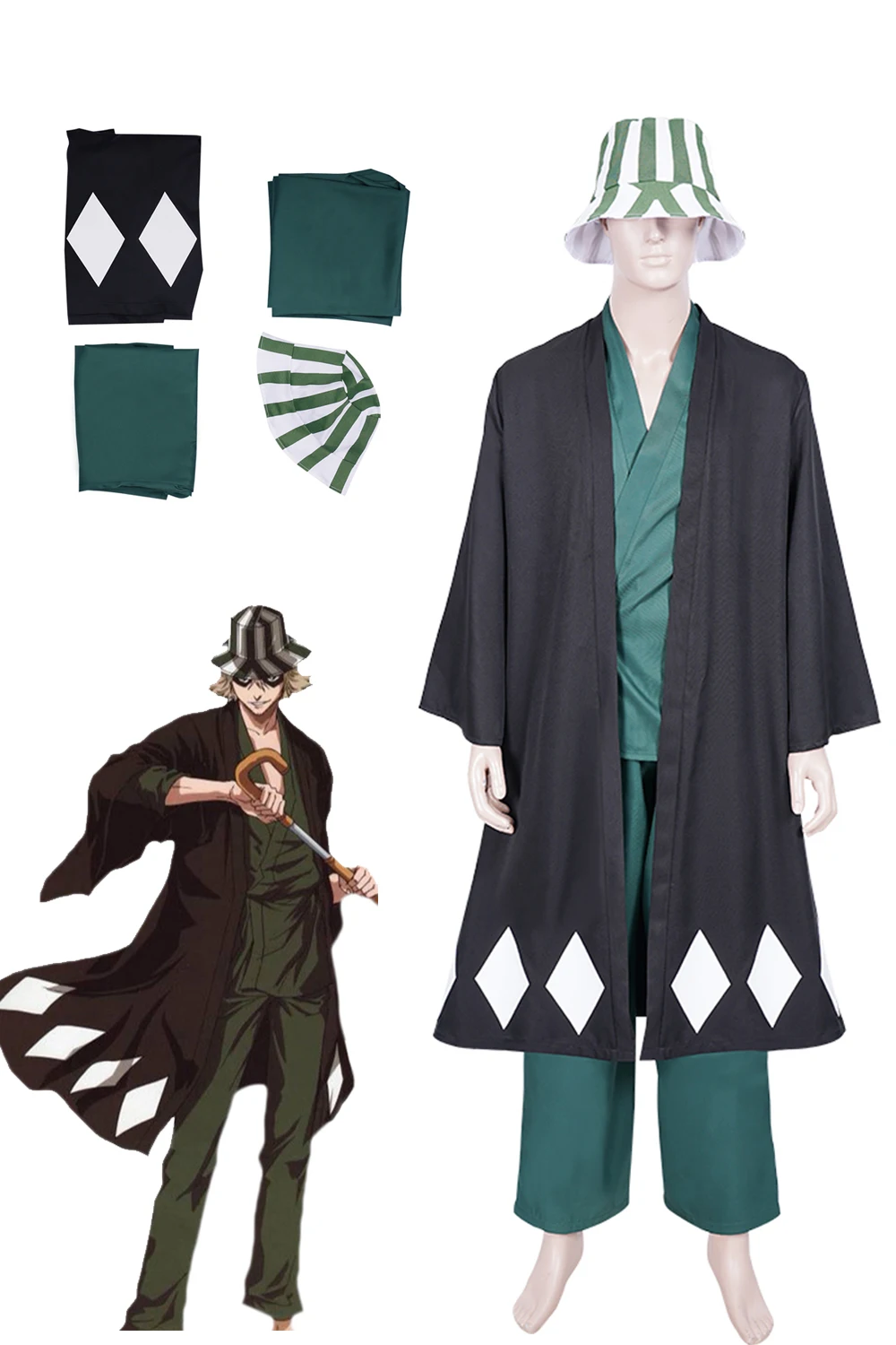 

Urahara Kisuke Cosplay Anime Bleach Men Costume Outfits Cloak Tops Pants Hat Fulll Set Halloween Party Disguise Role Play Suit
