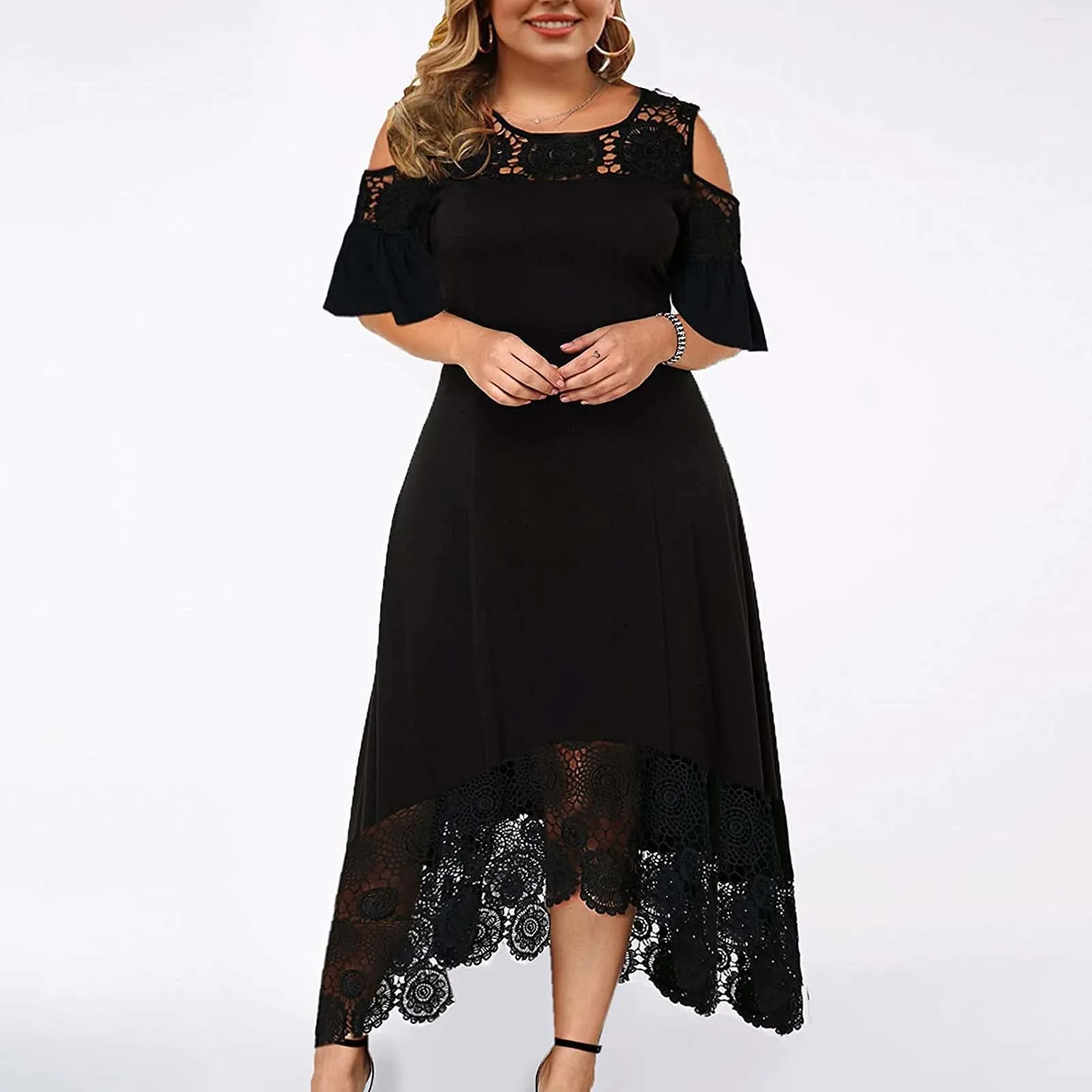 

Fashion Summer Dresses Women 2024 Lace Stitching Ruffle Short-sleeved Strapless Sheath Dress Plus Size Vestido Feminino