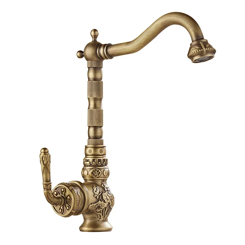 

Kitchen Faucet Vintage Antique Hot Cold Rotating Bathroom Sink Carved Basin Mixer Tap Solid Brass