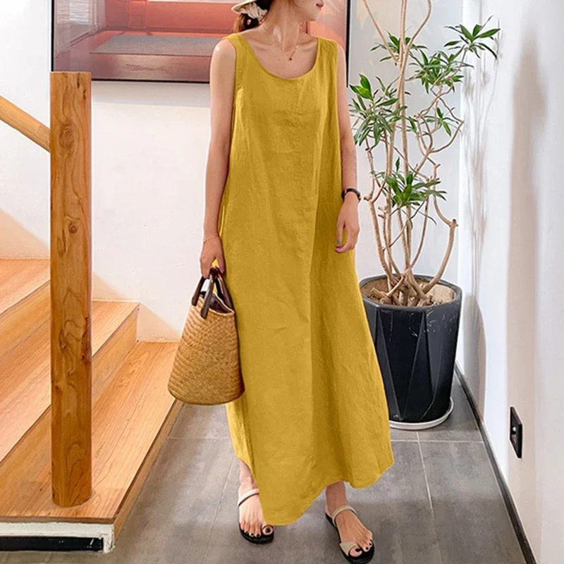 

2024 New Summer Women Sleeveless Sundress Elegant Round Neck Cotton Linen Solid Long Tank Dress Vintage Pockets Beach Vestidos