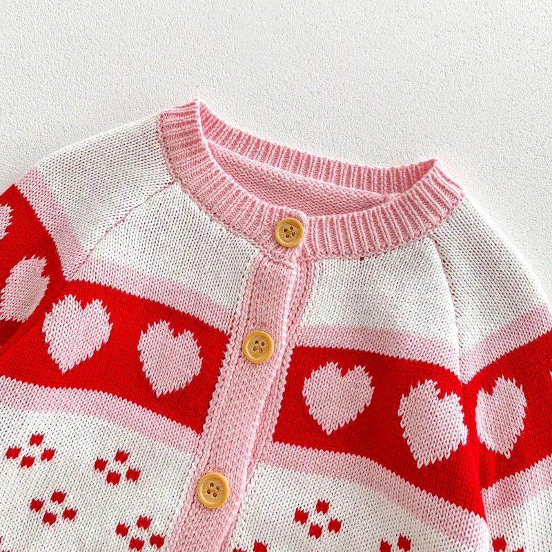 2023 Autumn Newborn Baby Girl Knitwear Clothes 0-3Years Kids Long Sleeve Heart Pattern Sweater Cardigan Knitted Romper Outwear
