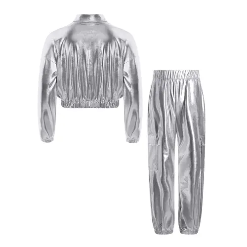 Kids Boys Girls Jazz Hip-Hop Street Dance Performance Costume Metallic Shiny Long Sleeve Athletic Jacket Coat with Pants Outfits - Image 4