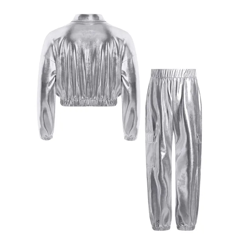 Kids Boys Girls Jazz Hip-Hop Street Dance Performance Costume Metallic Shiny Long Sleeve Athletic Jacket Coat with Pants Outfits - Image 4