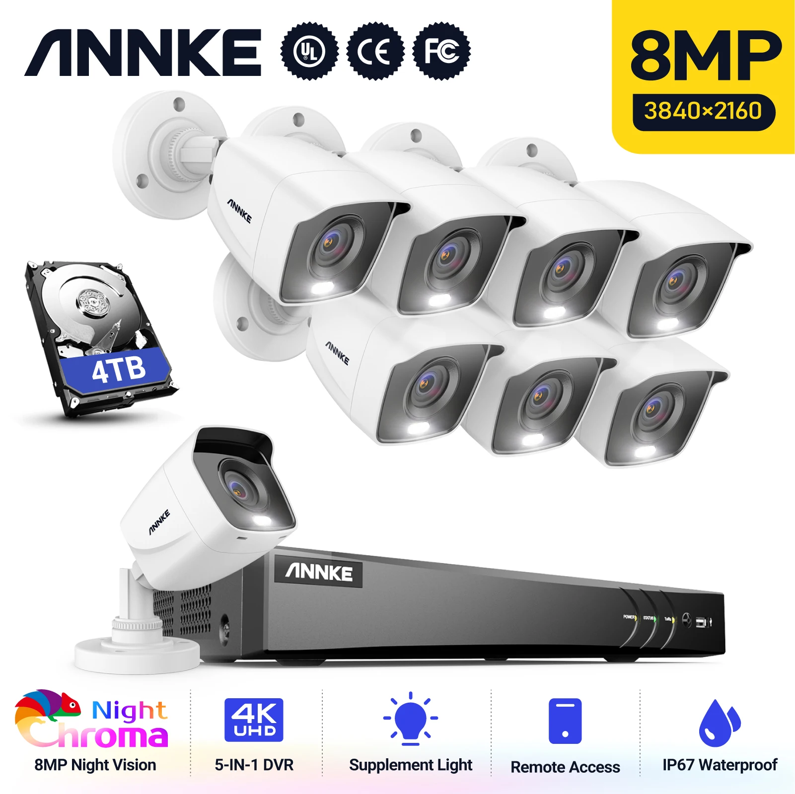 

ANNKE 4K Ultra HD Video Surveillance Cameras System 8CH 8MP H.265+ DVR With 8X 8MP Outdoor Waterproof Security Camera Full Color