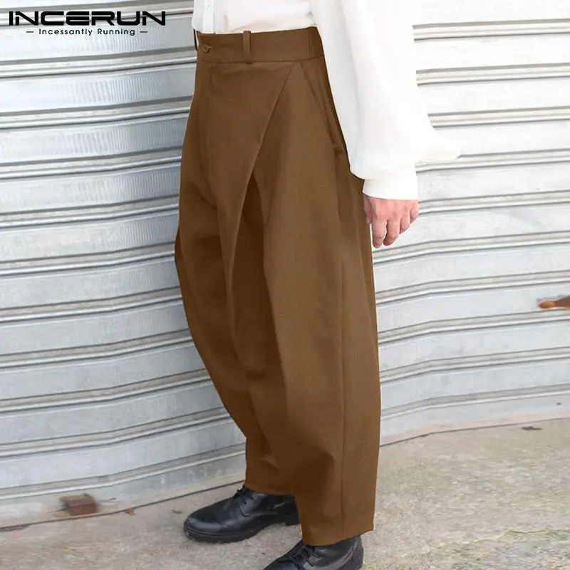 INCERUN 남성 바지 솔리드 컬러 2024 버튼 streetwear 조깅 루즈 한 바지 남성 플리츠 포켓 패션 캐주얼 롱 바지 S-5XL