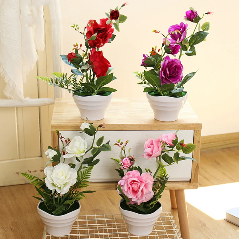 Large Artificial Flowers Rose Potted Plant 4 Heads Silk Flower Bonsais
