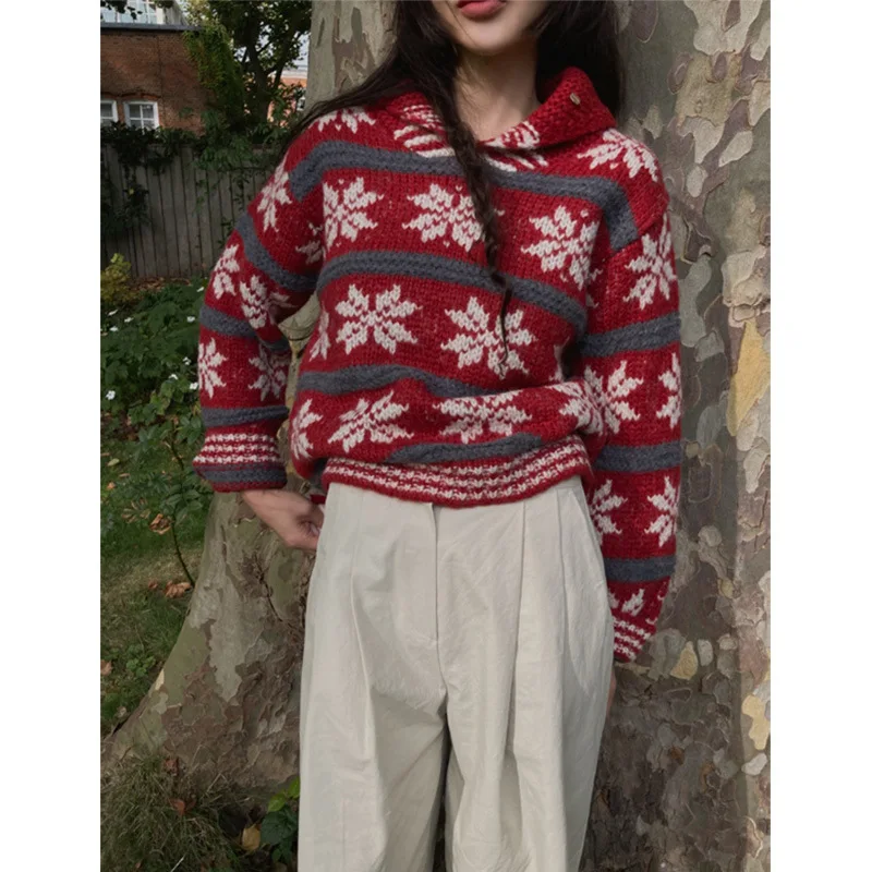 

Autumn and Winter Christmas Red Sweater Wool Blend Top Pullover Knitted Women Clothing
