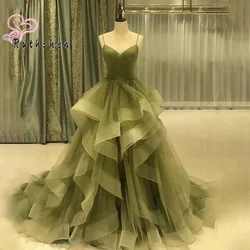 Fairy Green Evening Dresses Spaghetti Straps Ruffles Layers Pleated Long Party Prom Gown Vestidos Para Mujer Elegantes Y Bonitos