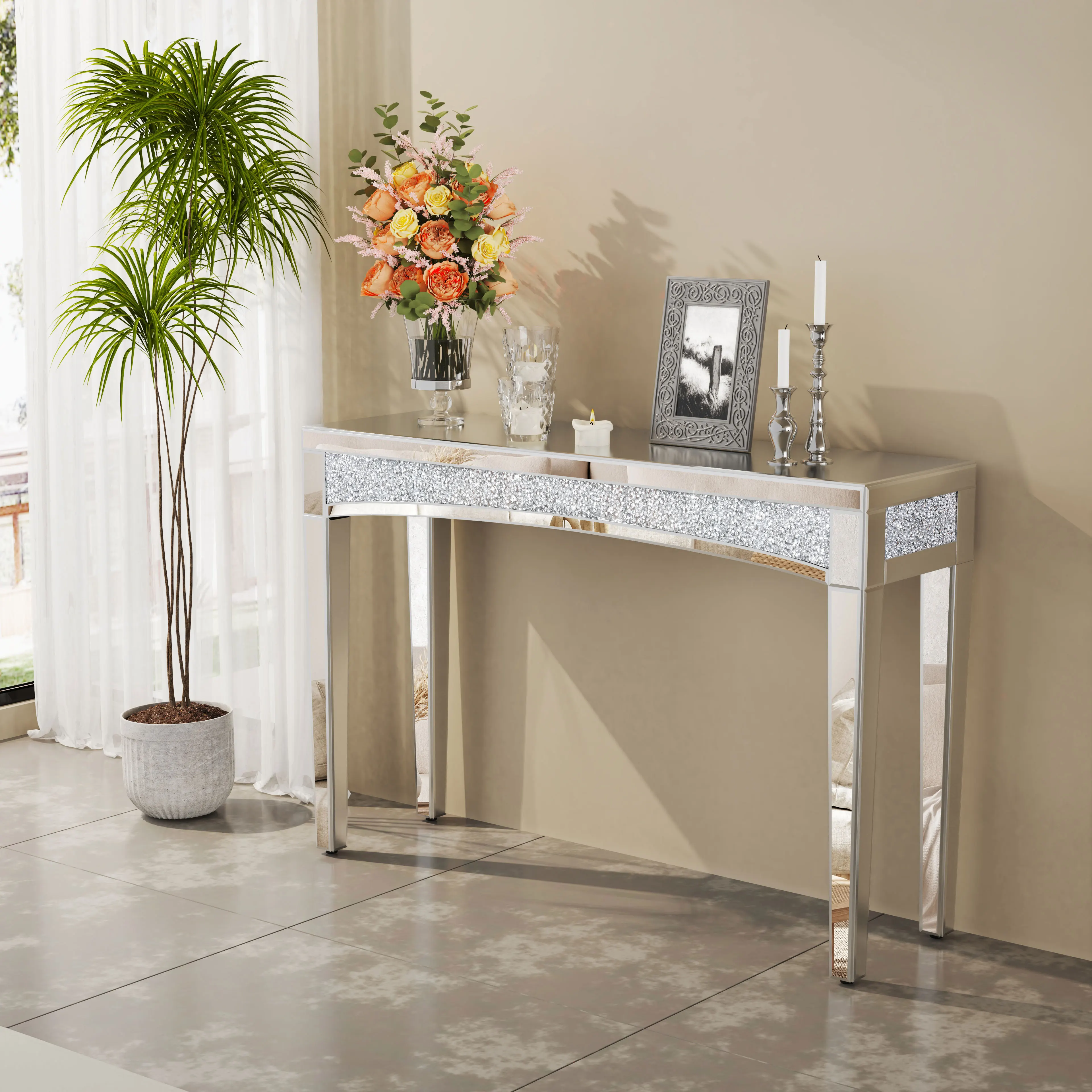 47.2" Mirrored Desk Silver Console Table Mirror Sofa Table with Crystal Inlay Front for Living Room, Entryway, Foyer 1