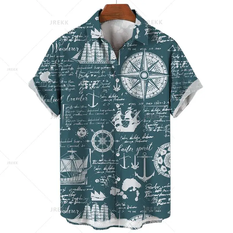 Camisa hawaiana retro unisex para hombre, camisa de talla grande, camisa retro con estampado 3D de velero y brújula marina, camisetas holgadas de manga corta para hombre