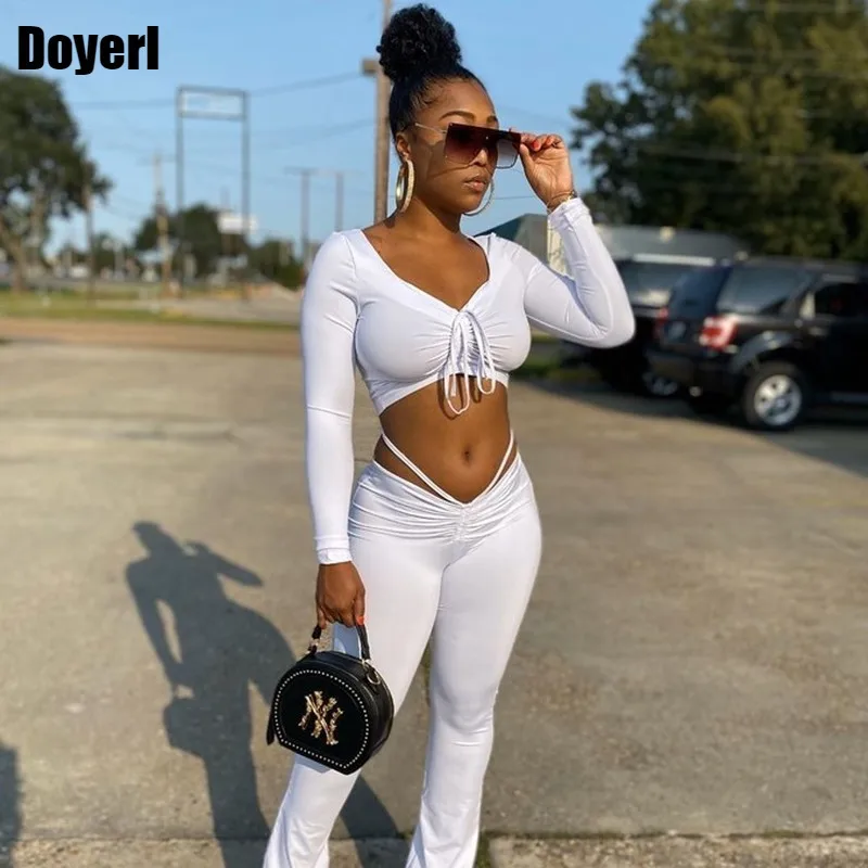 White 2 Piece Pants Sets Women Outfits Fall Solid Drawstring Crop Top and  Leggings Set Sexy Club Outfits for Women Matching Sets - AliExpress