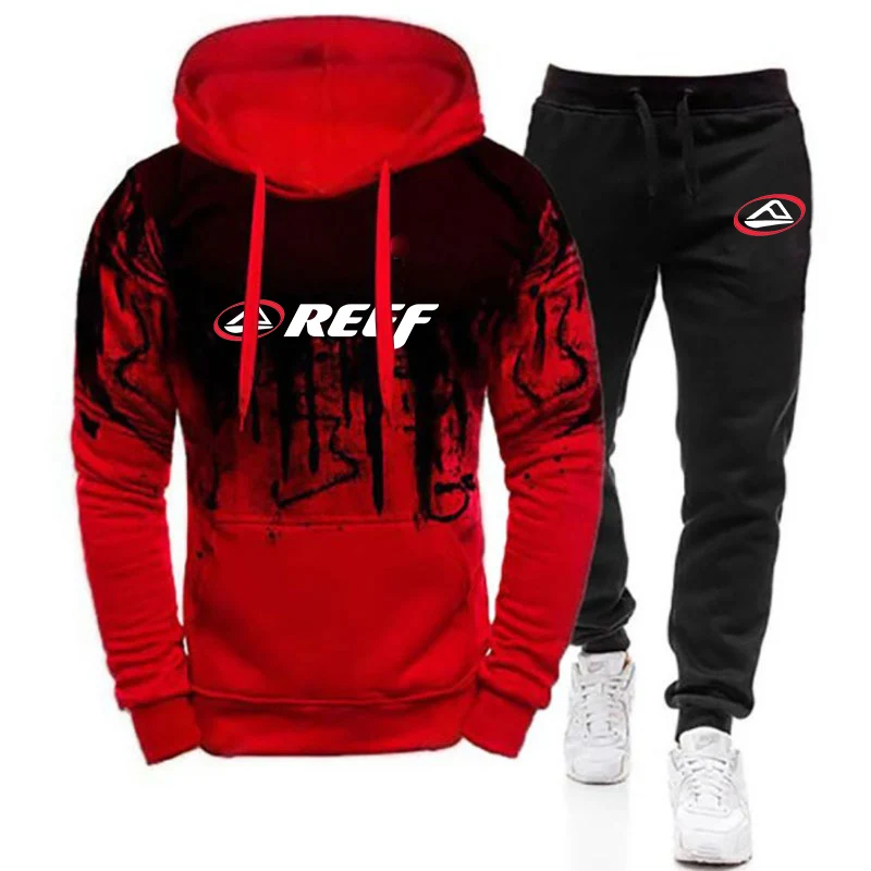 Reef 2023 Men's New Long Sleeves Printing Gradient Color Hoodies Casual Jackets Sporting Hip Hop Coats Tops + Trouser Suits