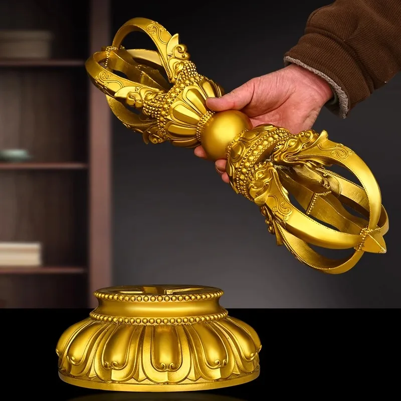 Pure Brass Vajra Dorje Statue with Base, Authentic Tibetan Five-Spoked Ritual Scepter, Buddhist Dharma Implements Home Decor