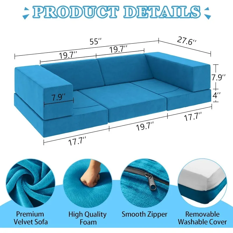 Modular Kids Play Couch 9 in 1 Multifunctional Kids Sofa for Playing, Creativing Indoor Toddler Couch for Boys and Girls (Blue) 2
