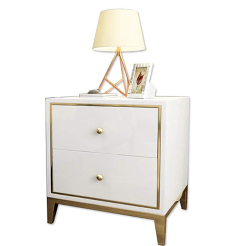 

K02 Post Modern Bedside Cupboard Bedroom Nightstand Wood Night Table Gold-Plating Frame Bedside Locker With Solid Wood Drawer