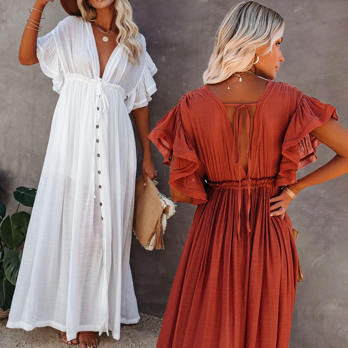 Vestito Da Spiaggia Bianco A Maglie Forate - Copricostume Elegante Con Colletto V