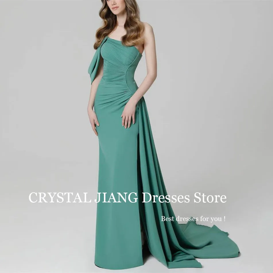 

Green One Shoulder Satin with Slit Muslin Evening Dresses Vestido De Noche Mermaid Sweep Train Prom Dress