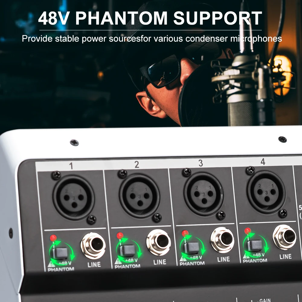 Audio Mixer LEUS MX6 Channel 99 DSP Effect Audio Mixer Record PC 48V Phantom Power USB Sound Mixers Bluetooth DJ Console Mixing for Karaok