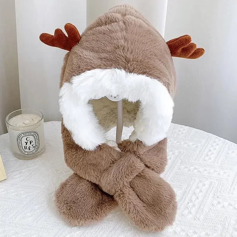 남녀공용 겨울 어린이 모자, 두꺼운 스카프, 따뜻한  귀여운 뿔, 방풍 귀 보호 캡