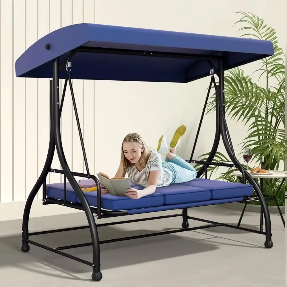 3-Seat Outdoor Porch Swing Bed with Removable Cushion, Patio Swing Chair with Adjustable Canopy,Heavy Duty Support 2