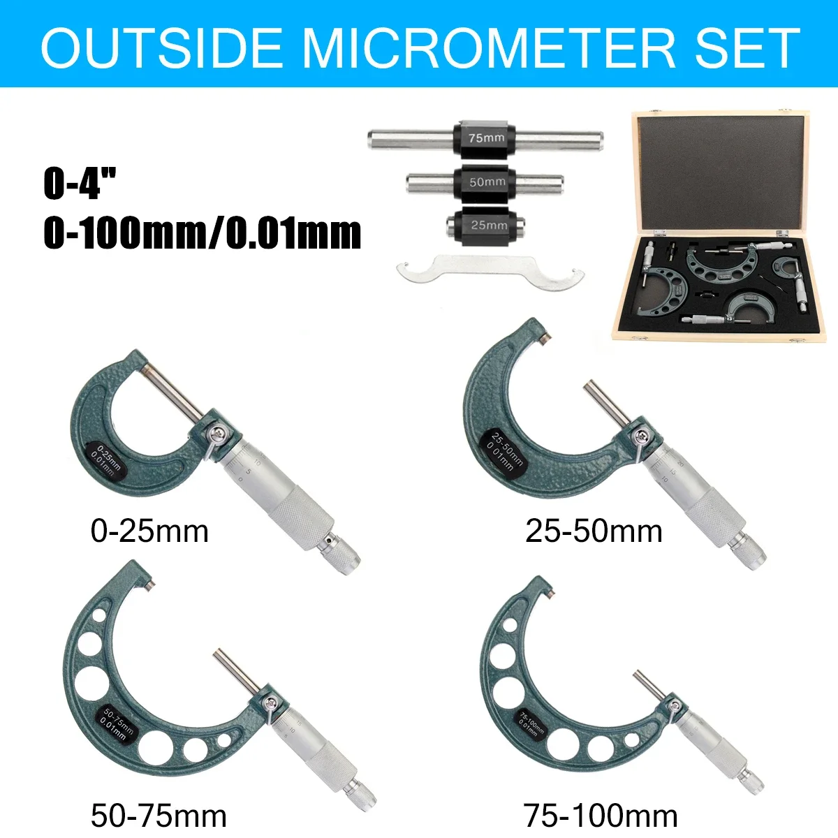 

4Pcs 0-100mm Metric External Precision Micrometer Measuring Caliper WIth Case