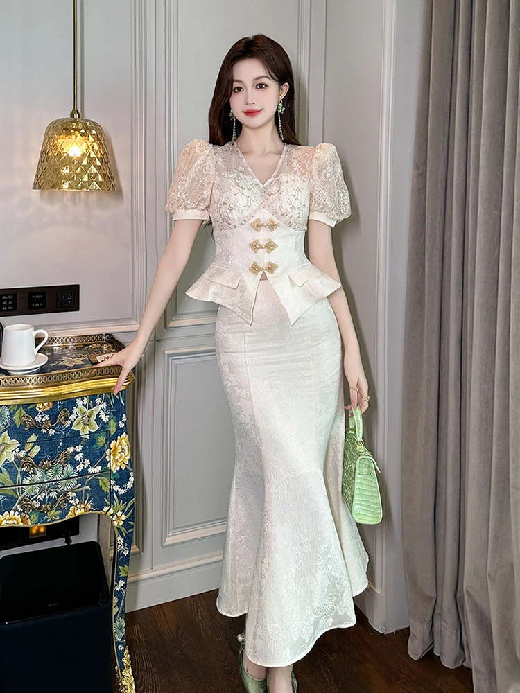 

Женский комплект из 2 предметов, элегантная кружевная блузка с пышными рукавами и юбка-годе средней длины