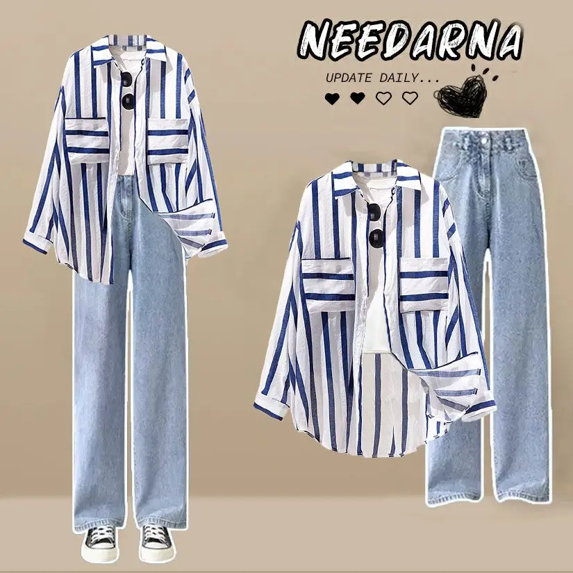 Summer Striped Patchwork Chiffon Shirt Wide Leg Pants Jeans Two-piece Elegant Women\'s Pants Set Casual Outfits Tracksuits