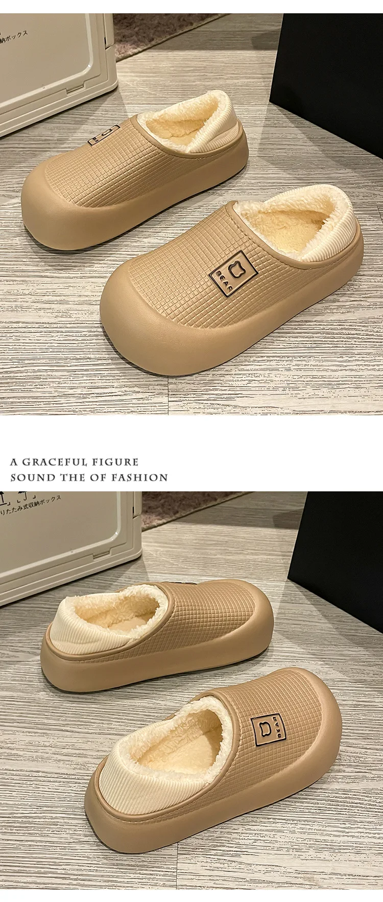 Comwarm Winter Pelzige Damen-Baumwoll-Hausschuhe, dicke Sohle, wasserdichte Rutschen, zum Hineinschlüpfen, Plüschfutter, warme Damen-Hausschuhe – Detail 7