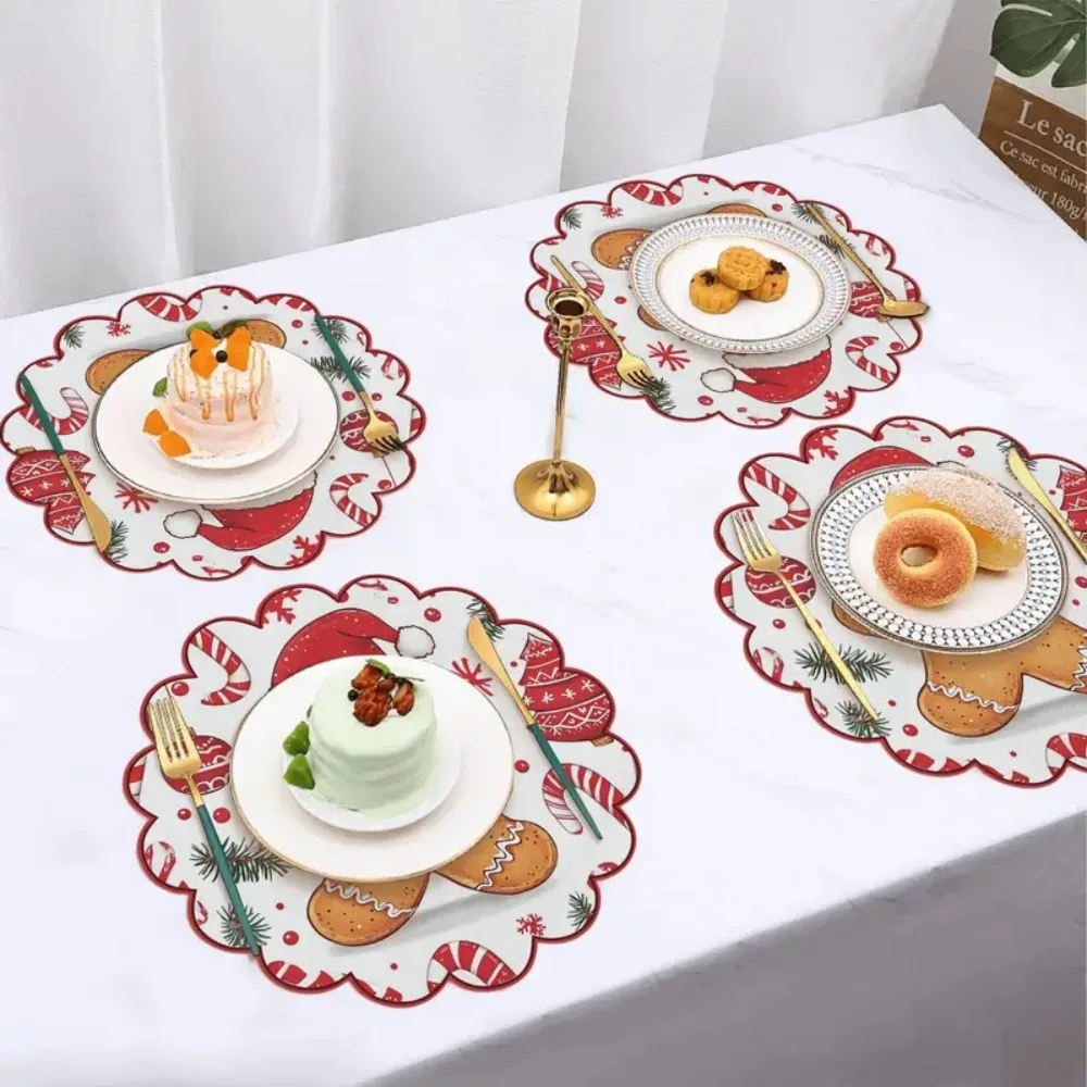 4PCS Christmas Circular Waves Placemats Non Slip Heat Resistant Table Mats Winter Dining Party Christmas Decor Round Tablecloth_voghion.com