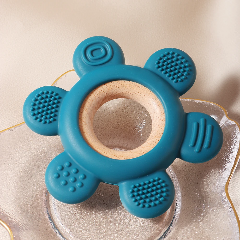 hot sale Baby wooden teether flower silicone teether Food Grade Safe Teether with wooden ring  Toy Teething gift 4