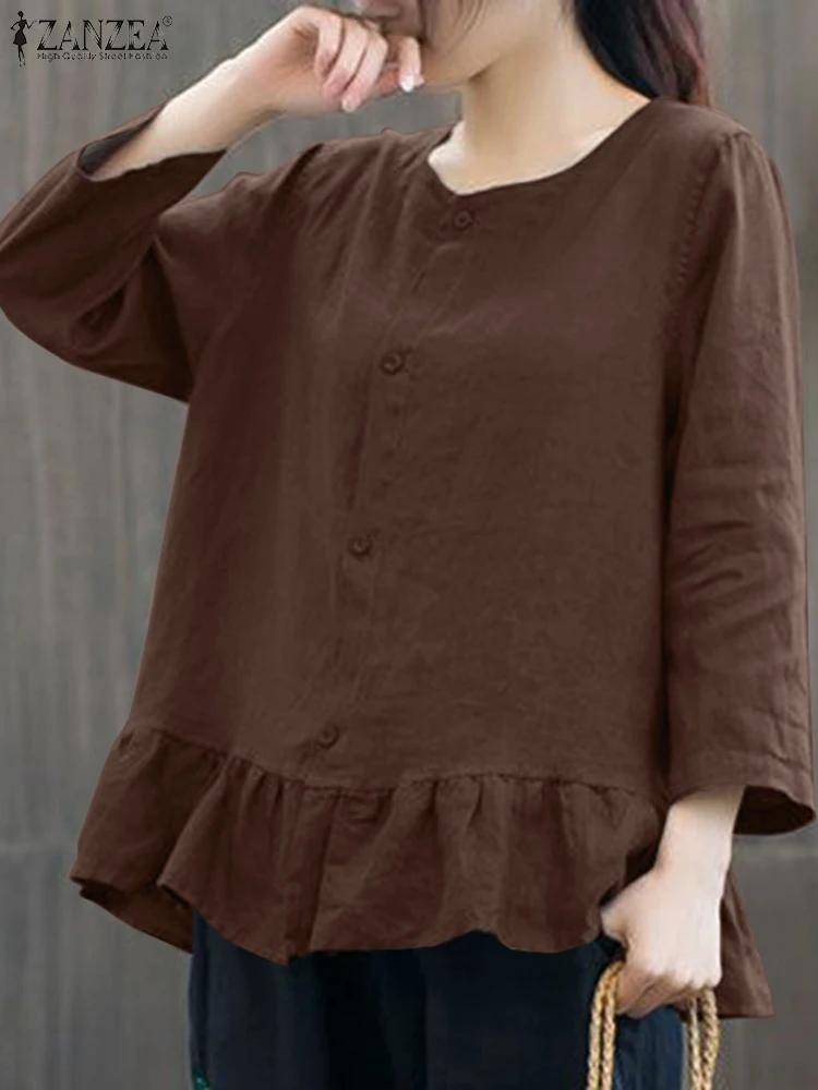 

Осенняя винтажная блузка ZANZEA, Женская хлопковая рубашка с длинным рукавом, повседневные рабочие топы с круглым вырезом, элегантные блузки с оборками на подоле, Женская сорочка