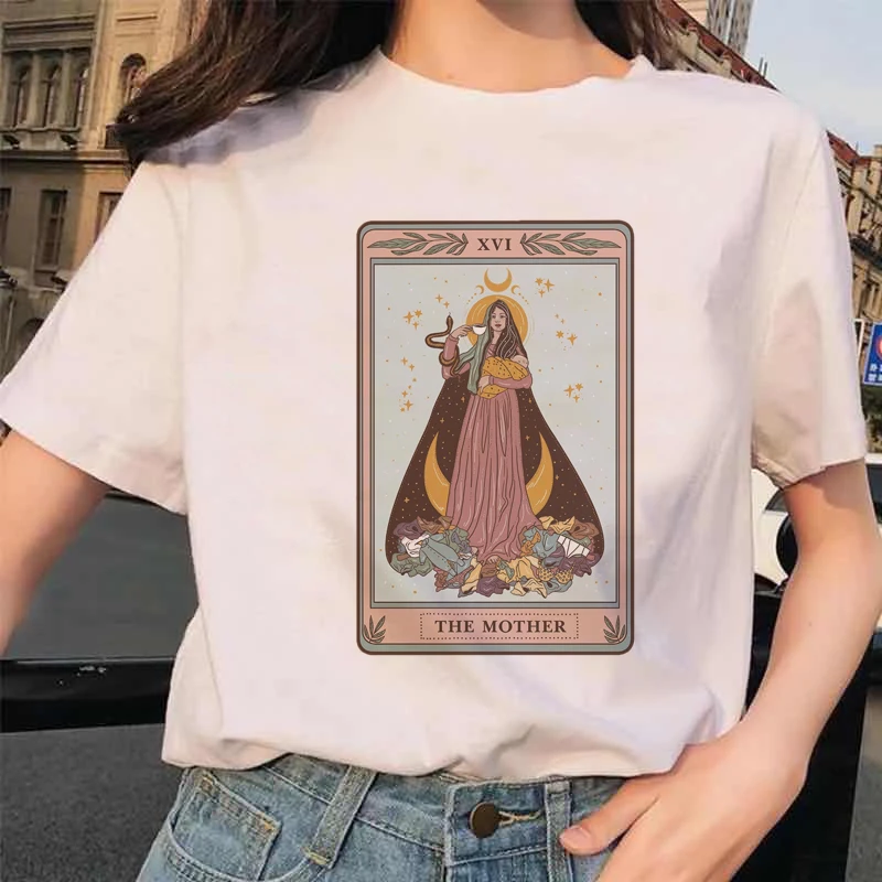 thumbnail image 1 of Camiseta estampada de manga corta para mujer, camisa con estampado de Tarot, flor de tarjeta, tiempo divertido, moda de dibujos animados, patrón superior, Verano, 1 of 5