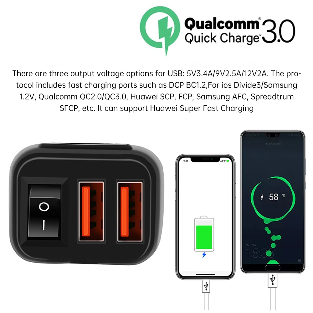 오토바이 듀얼 USB 전압계 고속 충전기, 스위치 포함, 12V 모토 휴대폰 충전기, 플러그 포트, 방수 전원 소켓, QC3.0