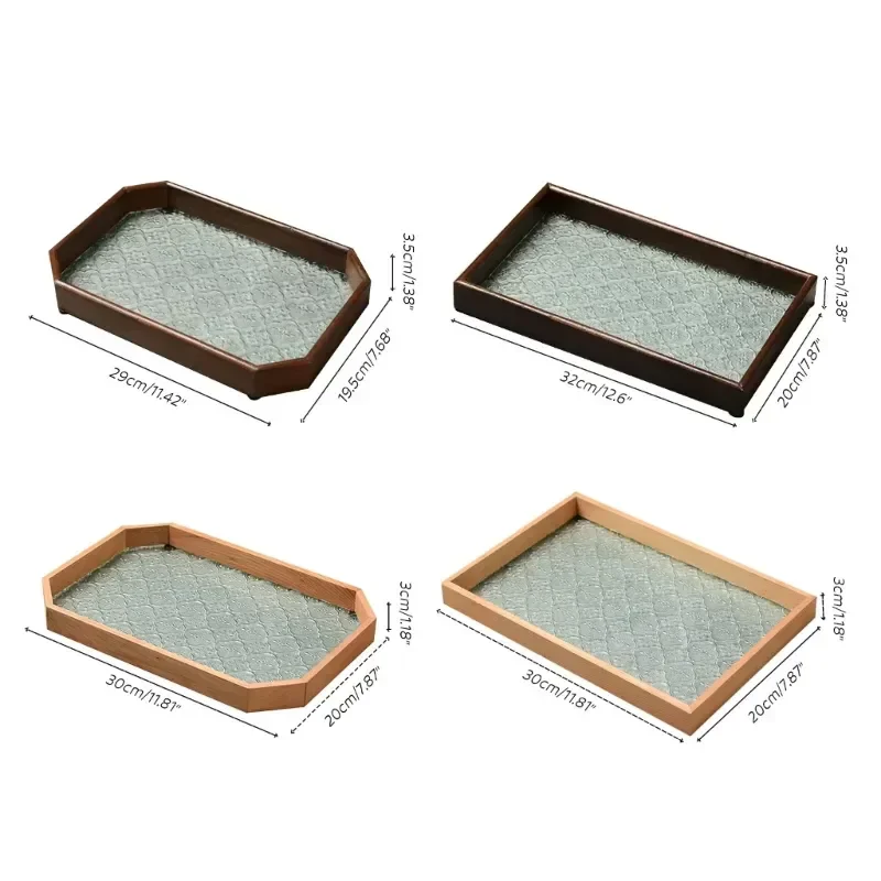 

glass Embossed Storage Shelf Tea Cup Rectangular Wooden Tray Snack Decoration Fruit Walnut-colored