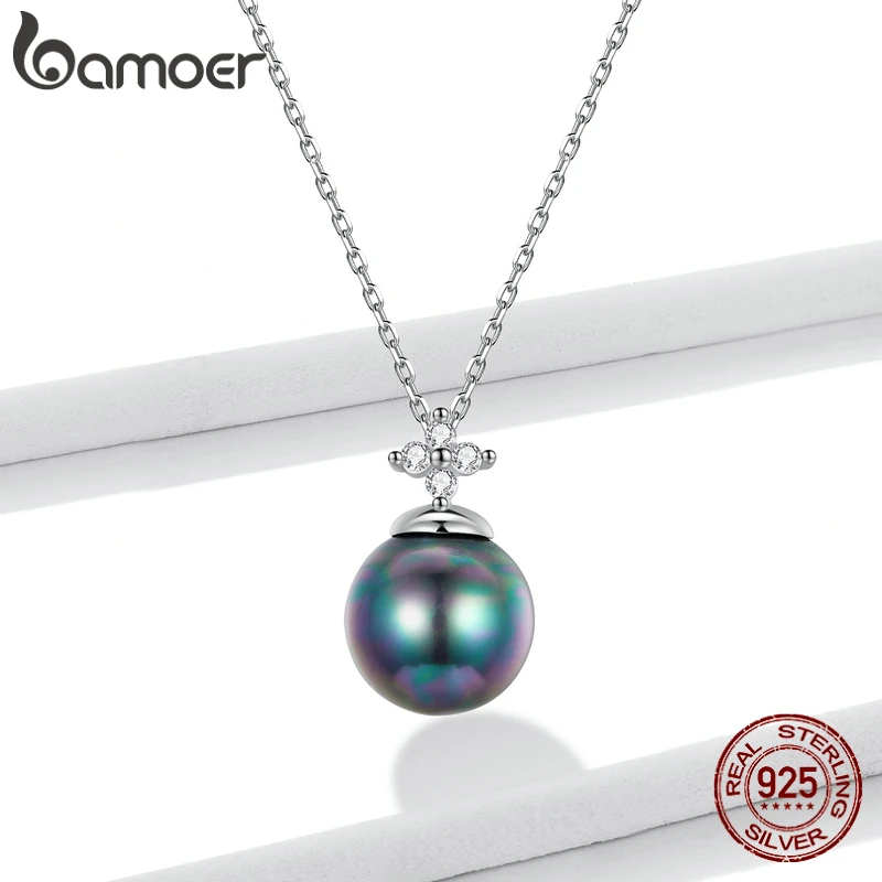 bamoer 925 Sterling Silver Elegant Black Pearl Charm Necklace Shell Pearl Zircon Chain Necklace for Women Fine Jewelry BSN226